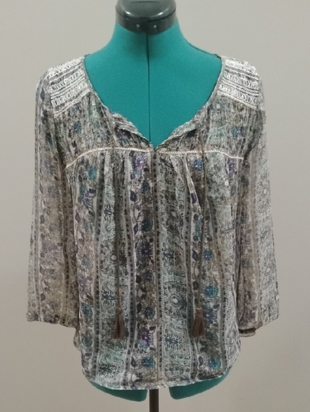 American Eagle Outfitters Neutral Multicolor Printed Peasant Tunic with Tassels